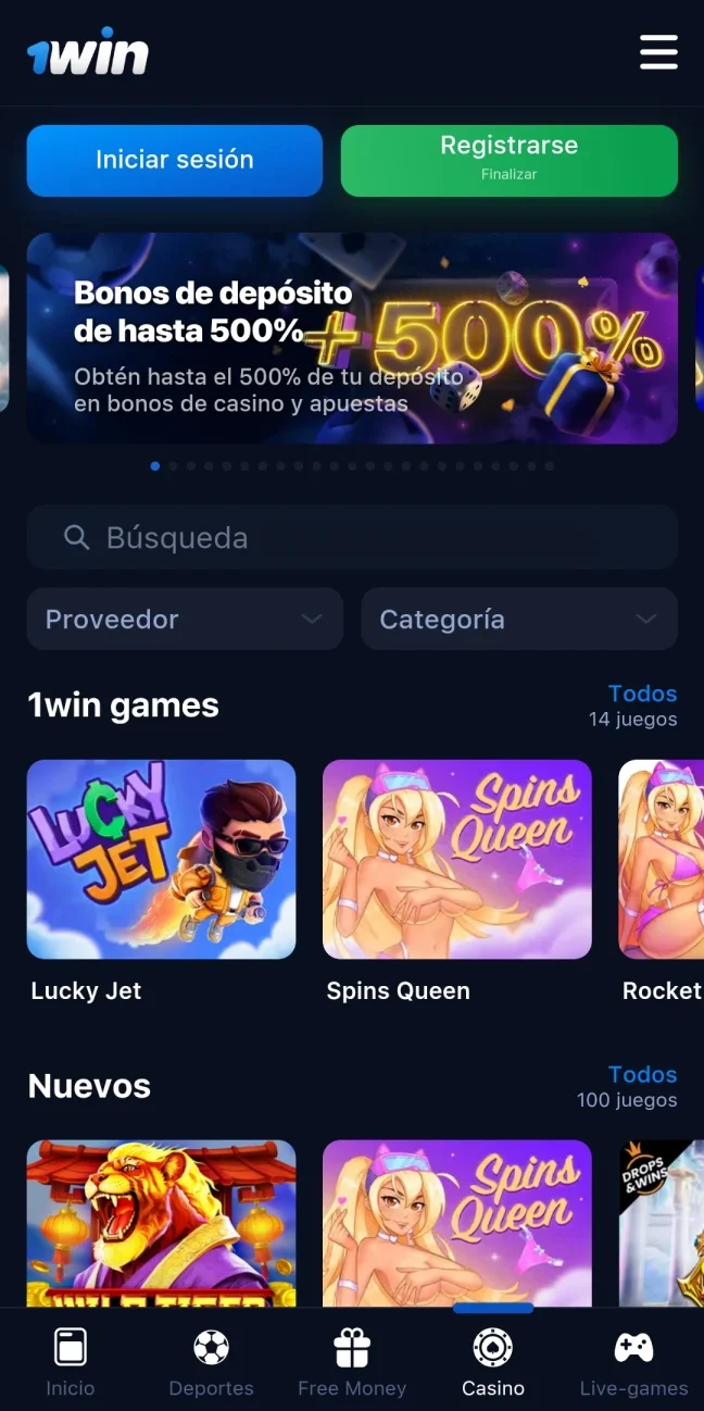 La sección de casino en línea de la app 1Win casino descargar.