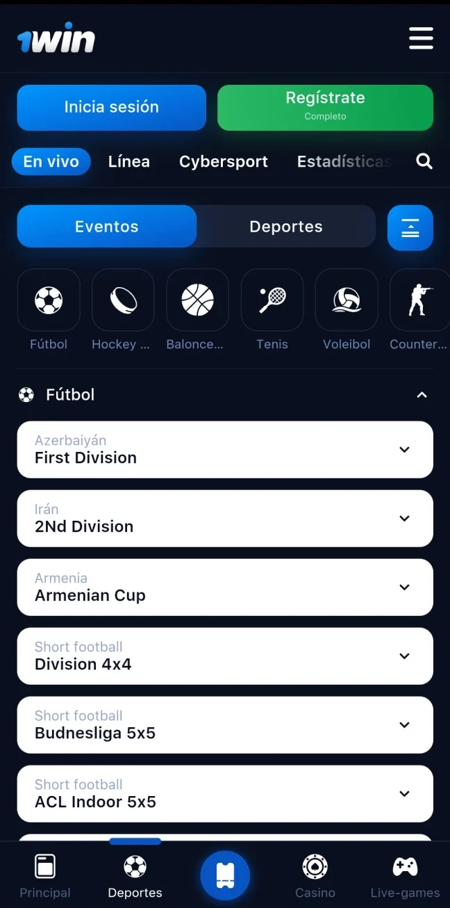 La sección de apuestas deportivas de la aplicación 1Win.