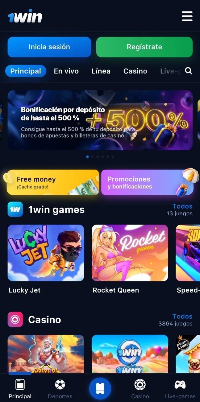 Pantalla de inicio de la aplicación 1Win.