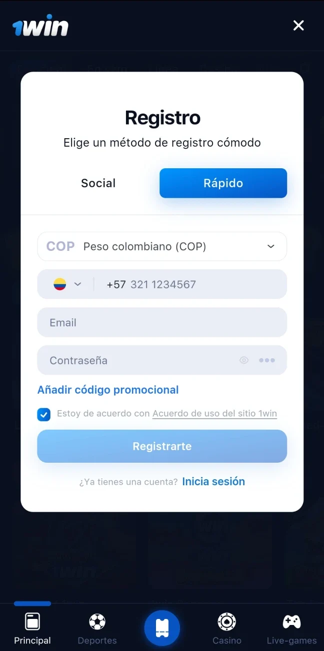 Formulario de registro de cuenta en la 1Win app.