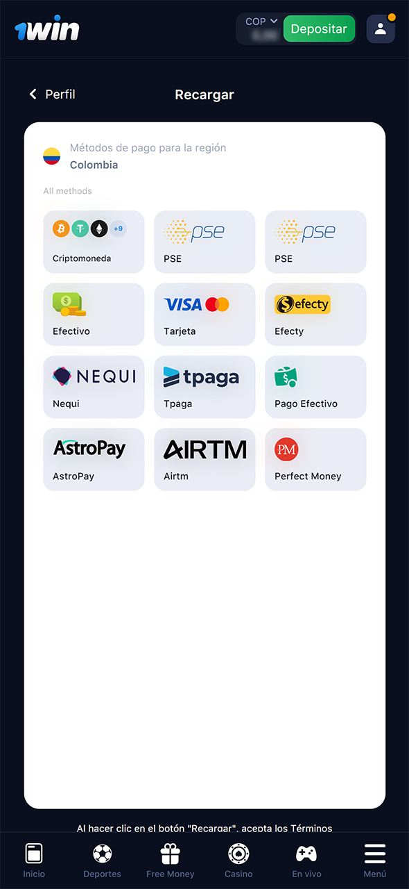 Seleccione un método de pago en 1Win y pulse el botón Depositar.