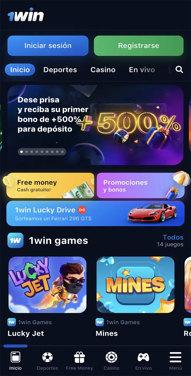 Página de inicio en 1Win Casino.