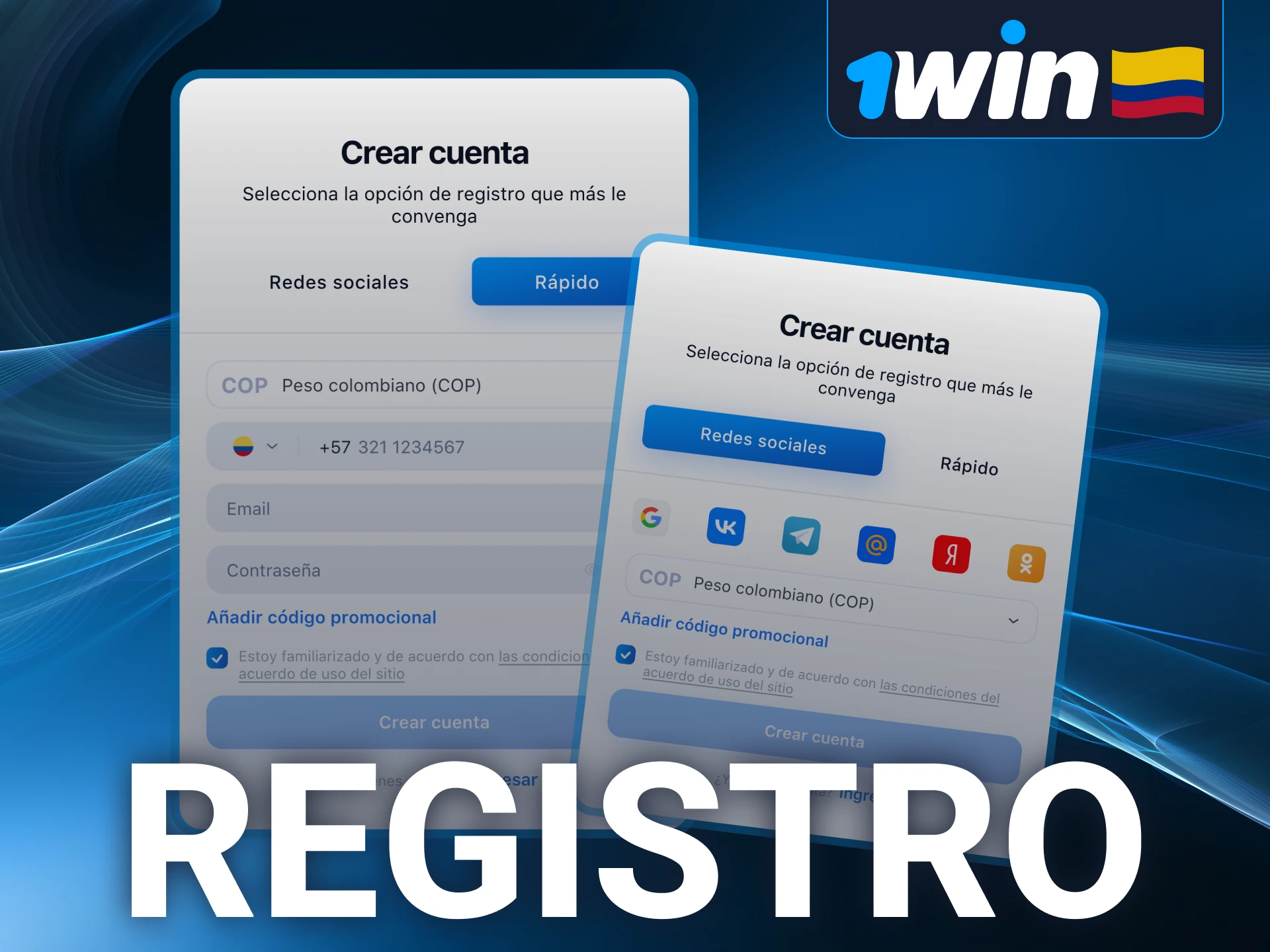 Puedes registrarte a través de la aplicación 1win.