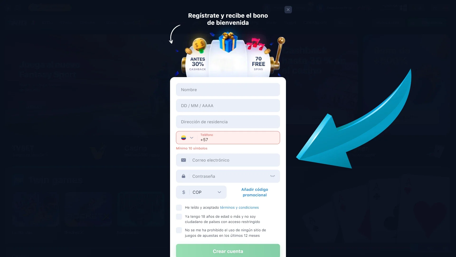 Seleccione el método de registro y complete los campos de registro en 1win.